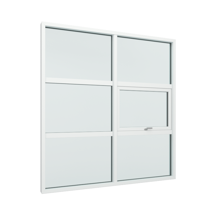 Glasparti 2-luft med 1x3 glasfält och glidhängda fönster mitten i vänster sida
