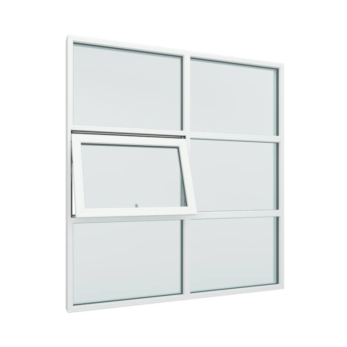 Glasparti 2-luft med 1x3 glasfält och glidhängda fönster mitten i vänster sida